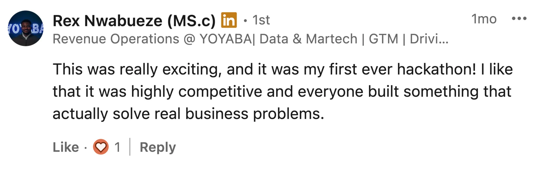 Participant feedback screenshot 9 from a Corporathon AI hackathon